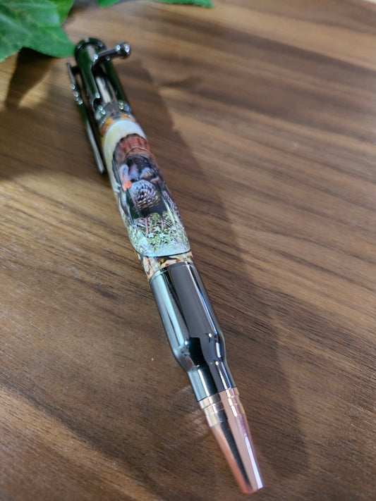 Turkey Hunters Label Cast Bolt Action Rifle Pen with a Gunmetal Pen Kit & Fall Leaves Background - Unique Gift for Outdoor Enthusiasts