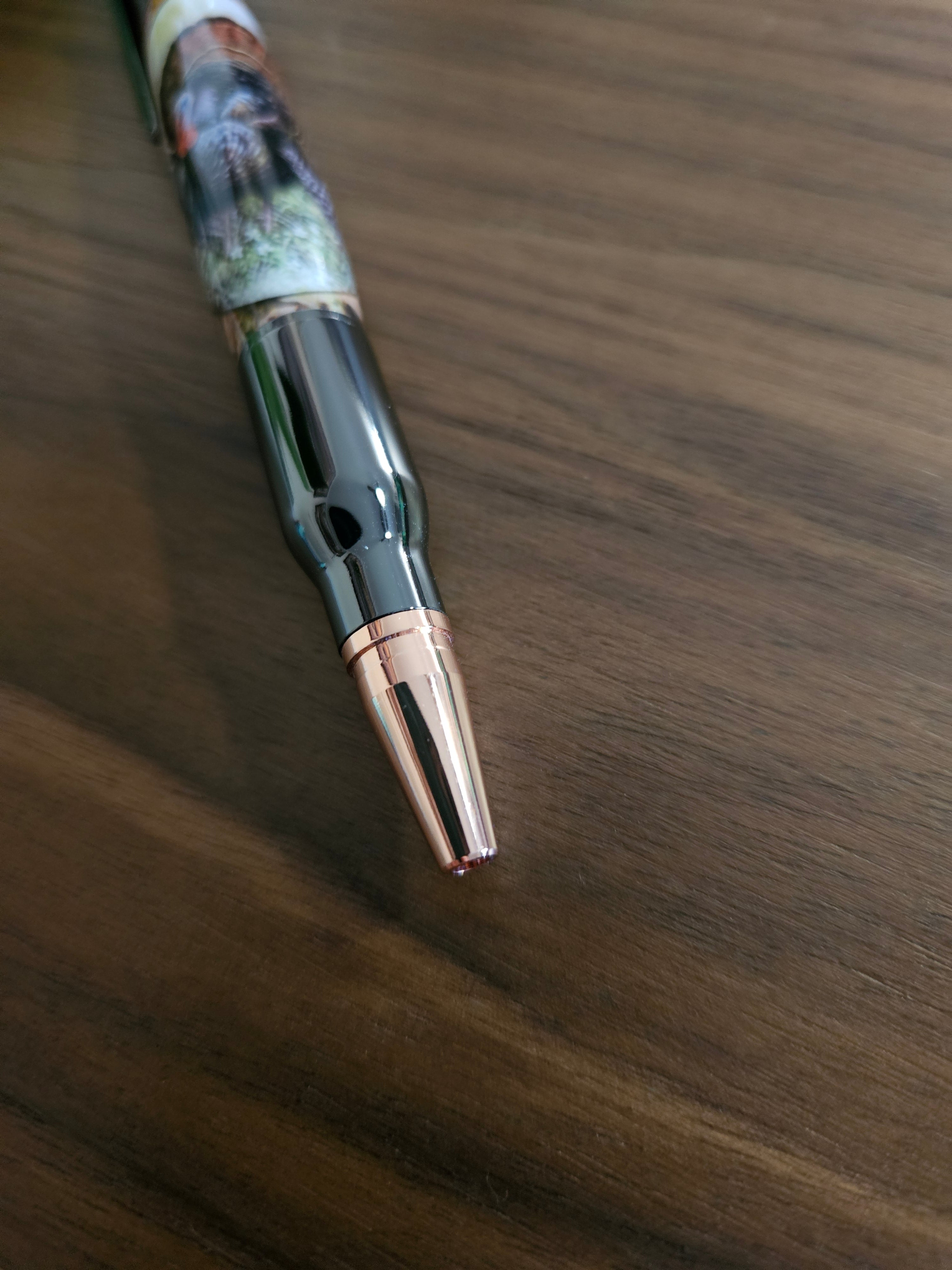 Turkey Hunters Label Cast Bolt Action Rifle Pen with a Gunmetal Pen Kit & Fall Leaves Background - Unique Gift for Outdoor Enthusiasts