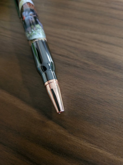 Turkey Hunters Label Cast Bolt Action Rifle Pen with a Gunmetal Pen Kit & Fall Leaves Background - Unique Gift for Outdoor Enthusiasts