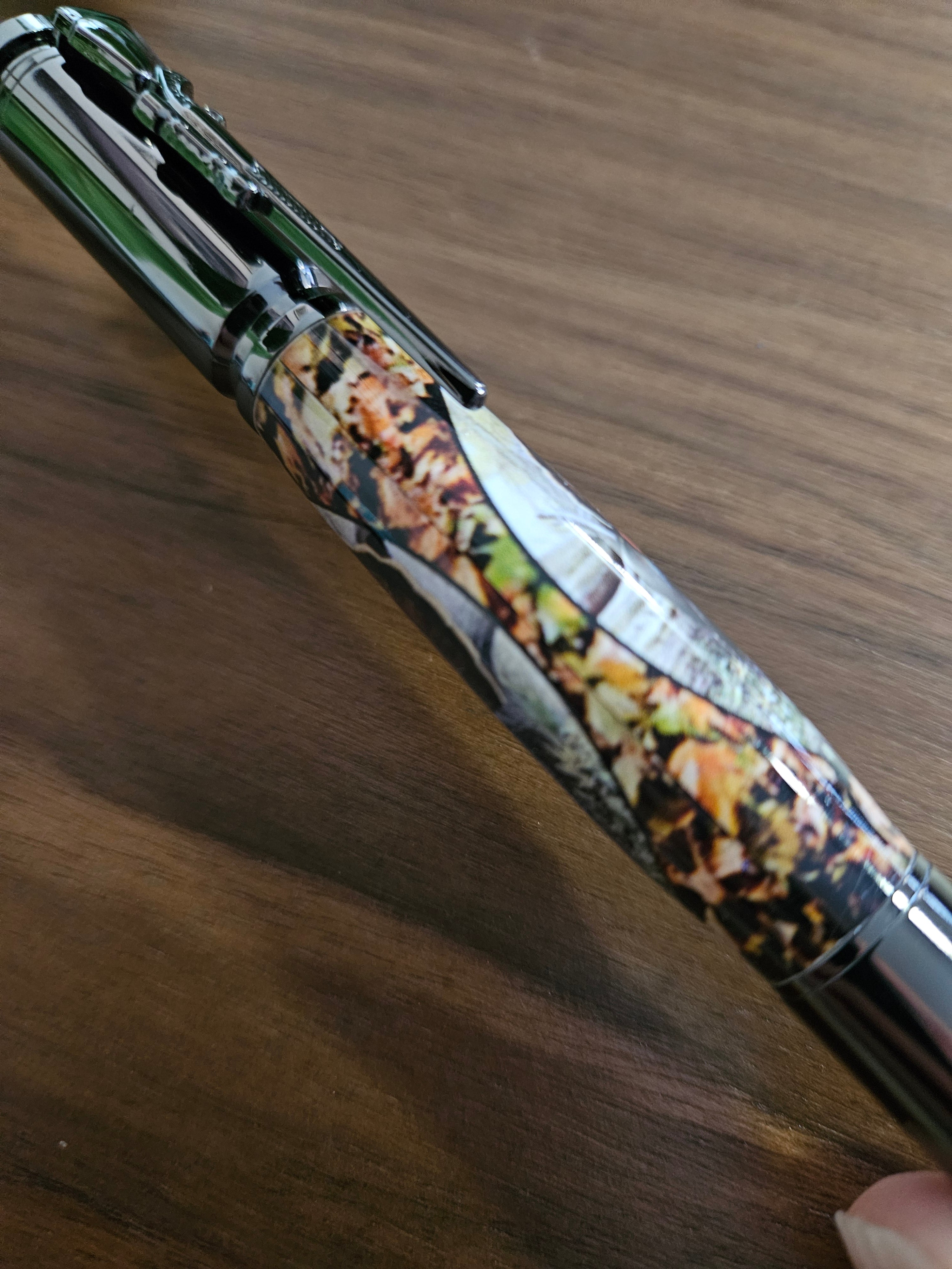 Turkey Hunters Label Cast Bolt Action Rifle Pen with a Gunmetal Pen Kit & Fall Leaves Background - Unique Gift for Outdoor Enthusiasts