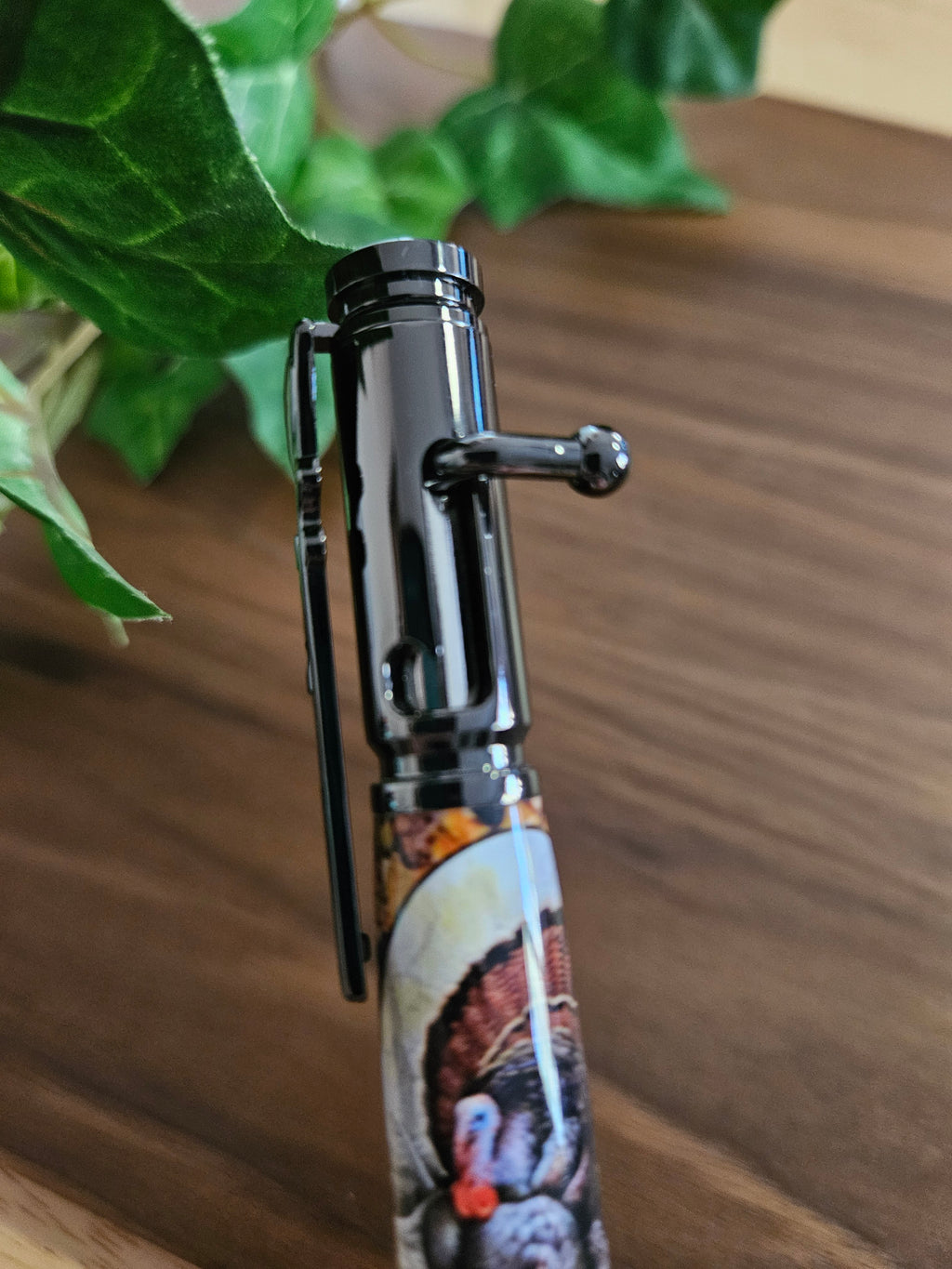 Turkey Hunters Label Cast Bolt Action Rifle Pen with a Gunmetal Pen Kit & Fall Leaves Background - Unique Gift for Outdoor Enthusiasts