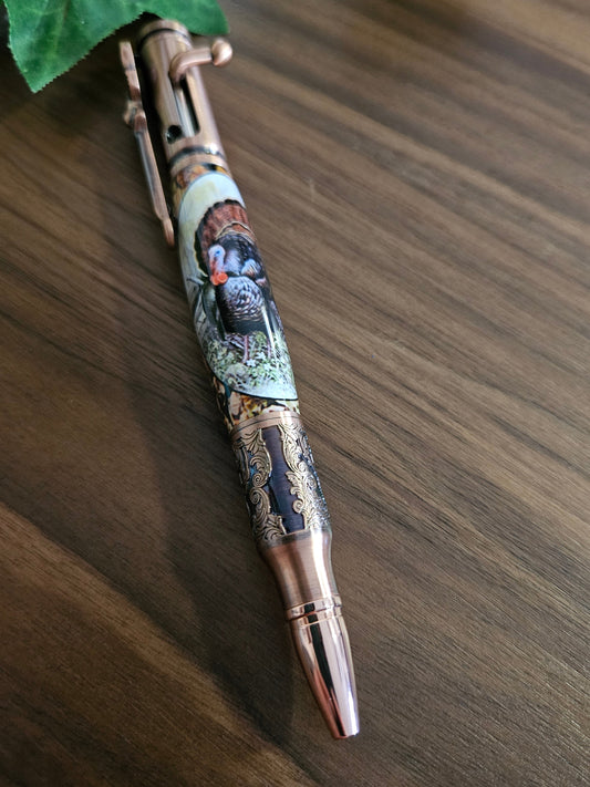 Turkey Hunters Label Cast Bolt Action Deer Hunter Pen with an Antiqued Copper Pen Kit & Fall Leaves Background, Gift for Outdoor Enthusiasts