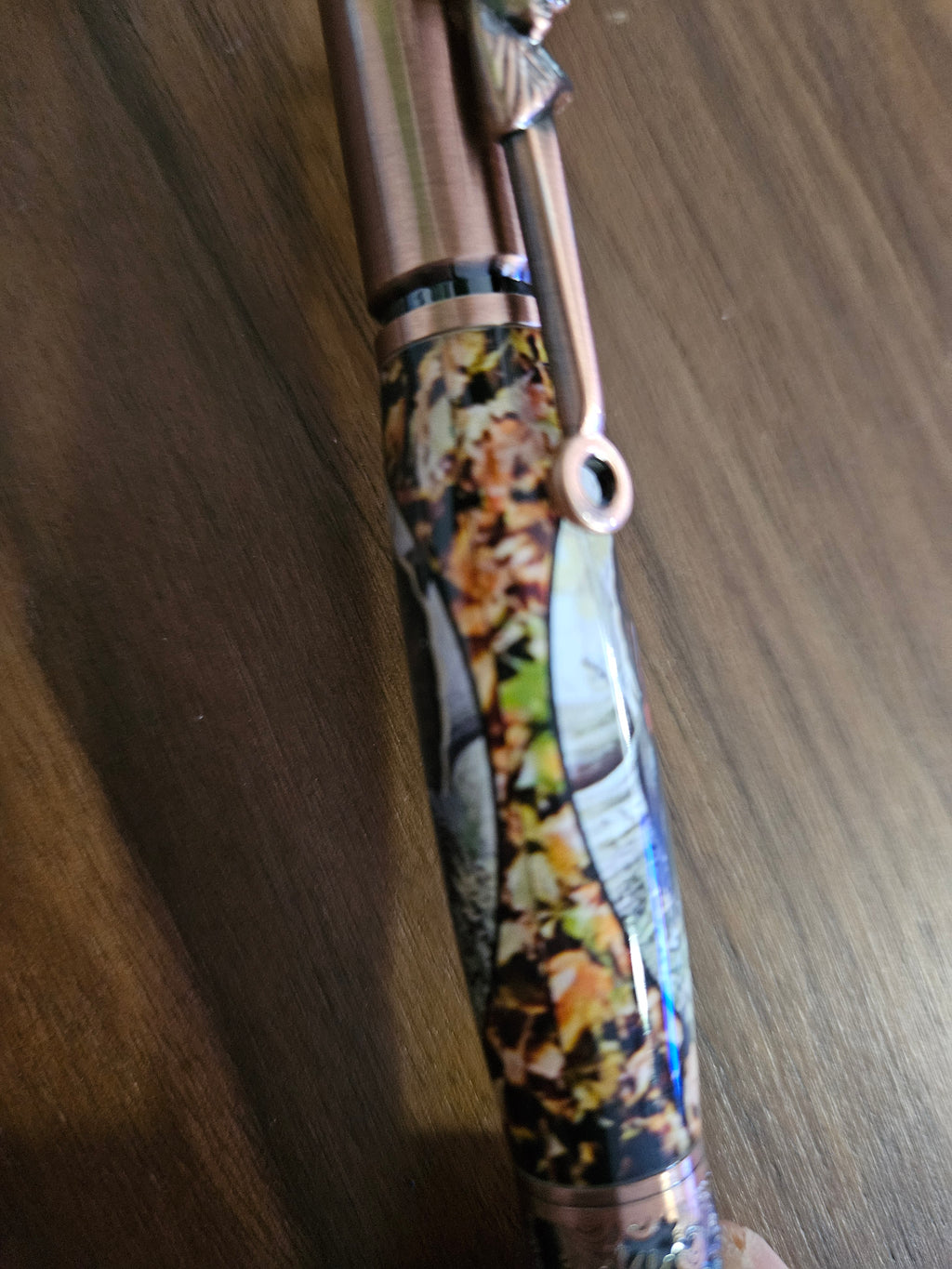 Turkey Hunters Label Cast Bolt Action Deer Hunter Pen with an Antiqued Copper Pen Kit & Fall Leaves Background, Gift for Outdoor Enthusiasts