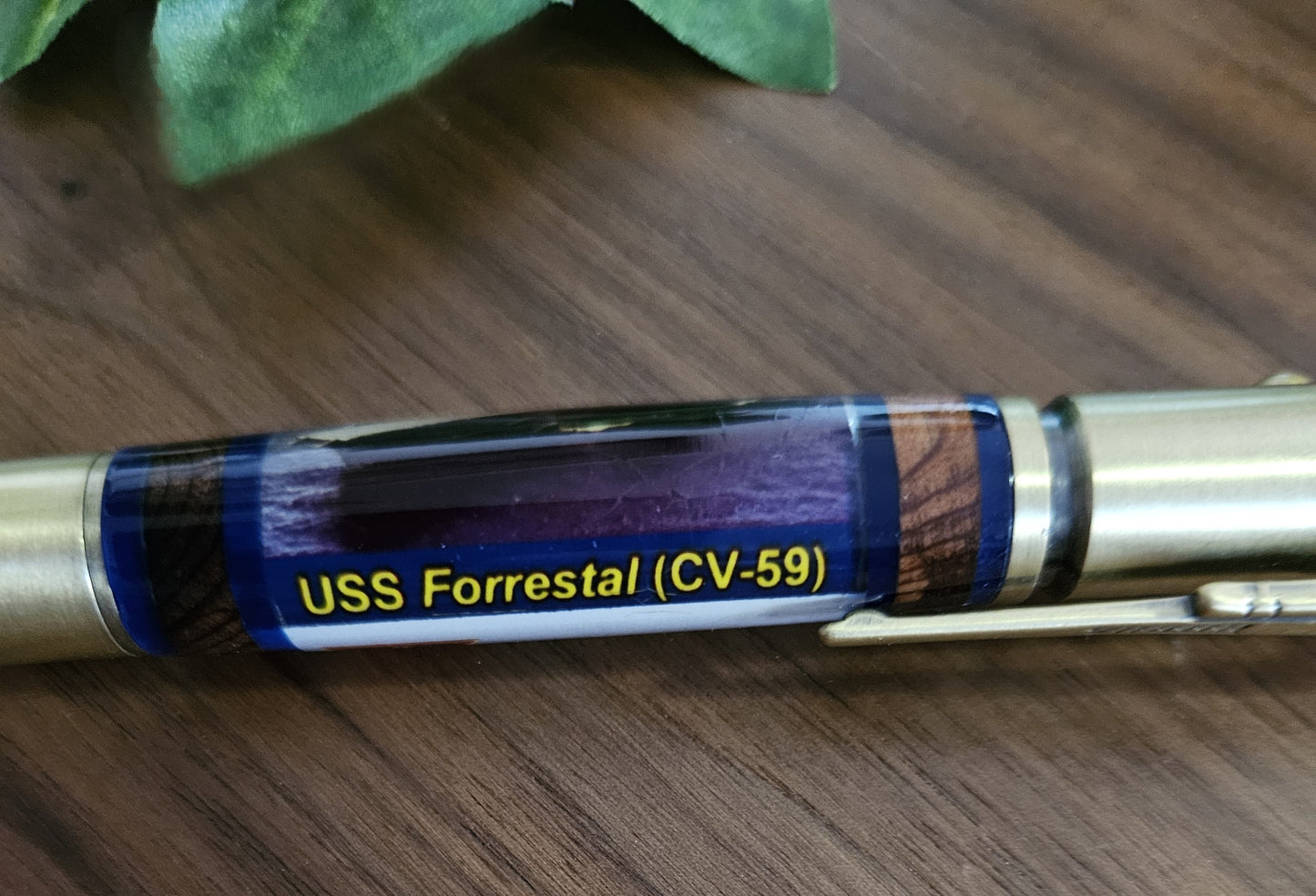 USS Forrestal Ship Pen with a Rifle Antique Brass Kit & Redwood Segmentations from Officer's Country - Unique Collectible Gift