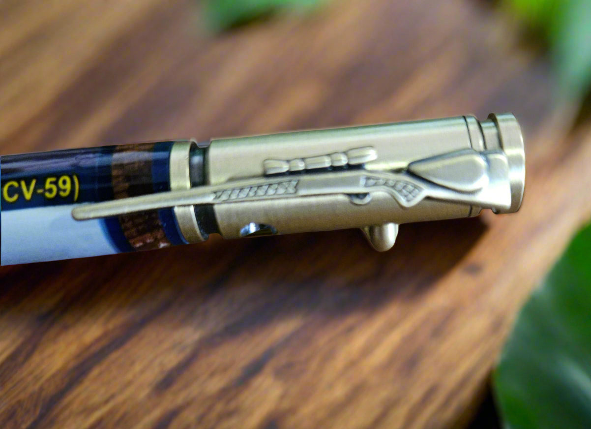 USS Forrestal Ship Pen with a Rifle Antique Brass Kit & Redwood Segmentations from Officer's Country - Unique Collectible Gift