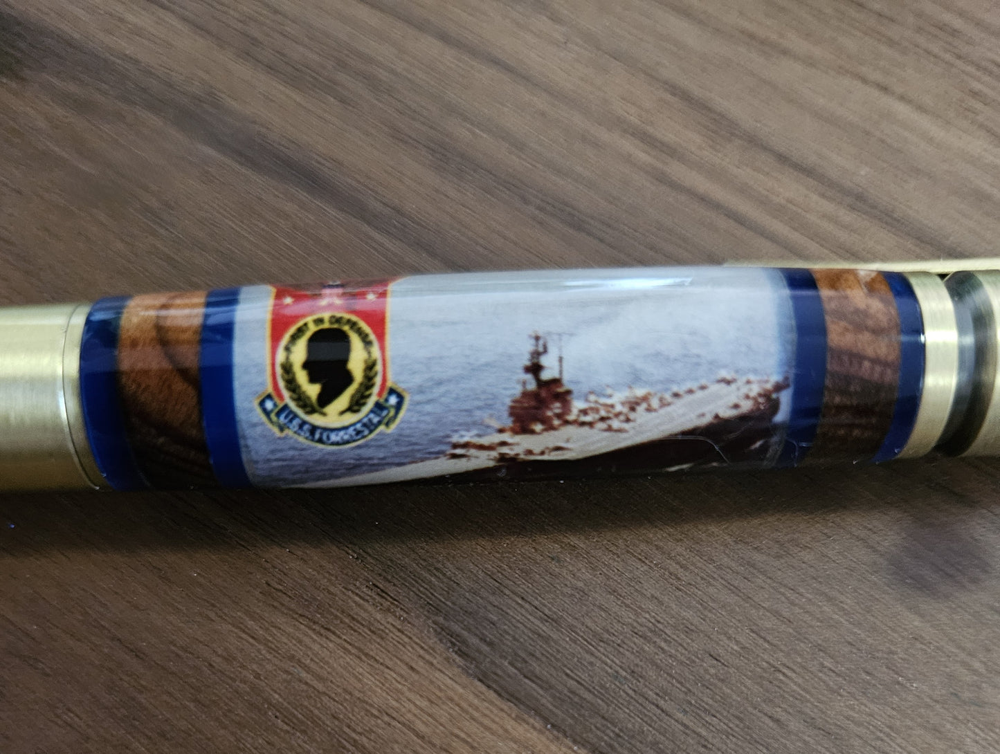 USS Forrestal Ship Pen with a Rifle Antique Brass Kit & Redwood Segmentations from Officer's Country - Unique Collectible Gift