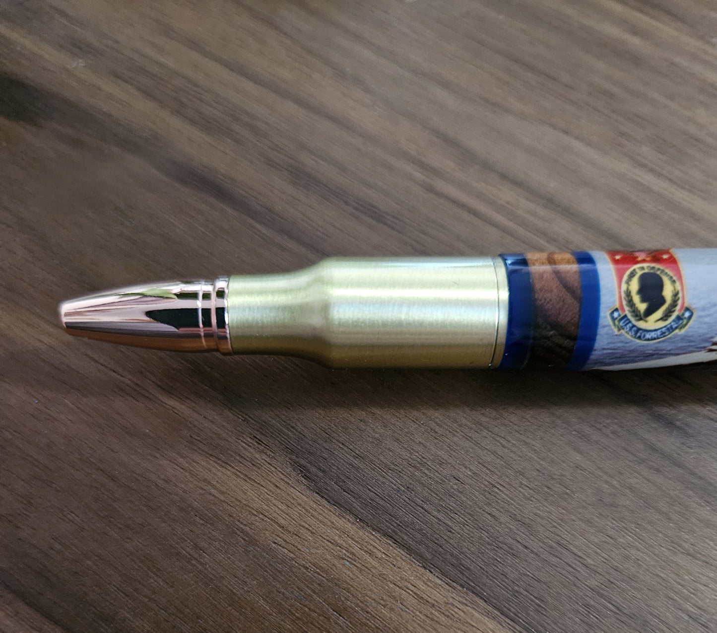 USS Forrestal Ship Pen with a Rifle Antique Brass Kit & Redwood Segmentations from Officer's Country - Unique Collectible Gift
