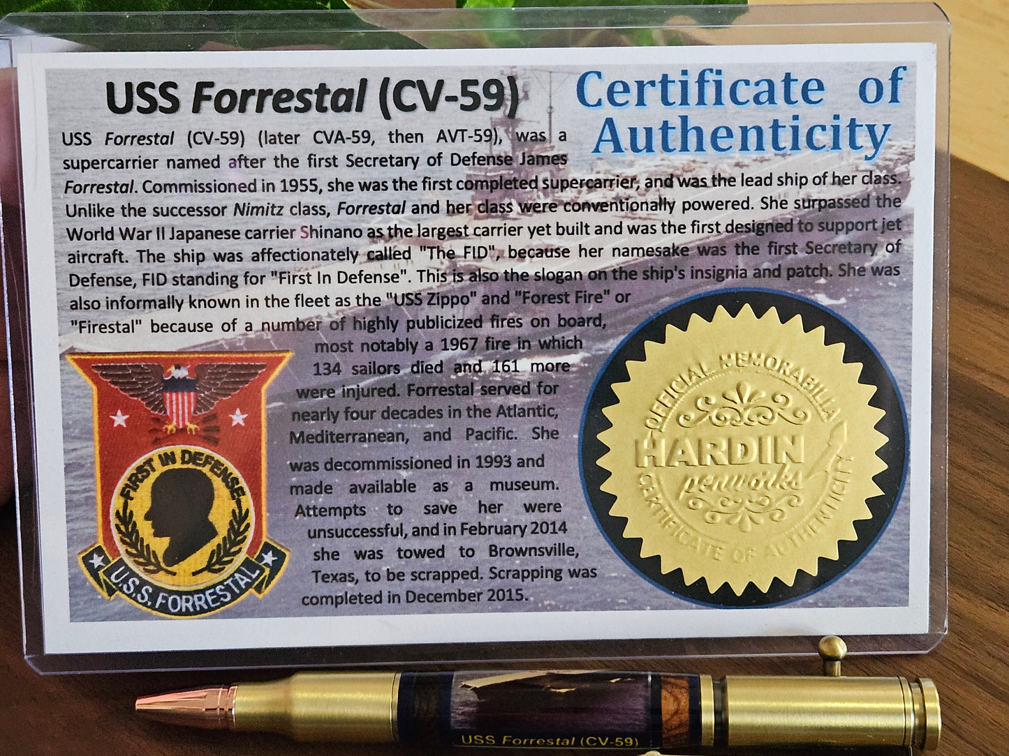 USS Forrestal Ship Pen with a Rifle Antique Brass Kit & Redwood Segmentations from Officer's Country - Unique Collectible Gift
