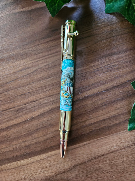 The Sea is Ours - Navy Emblem Label Cast Pen - Teal Background with a Gold Pen Kit Featuring a Rifle Pen Clip
