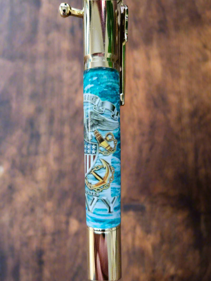 The Sea is Ours - Navy Emblem Label Cast Pen - Teal Background with a Gold Pen Kit Featuring a Rifle Pen Clip