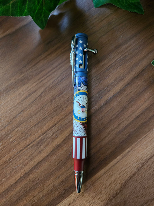 Navy Emblem Label Cast American Flag Pen - Ceramic Chrome Bolt Action Pen Kit Featuring a Rifle Pen Clip