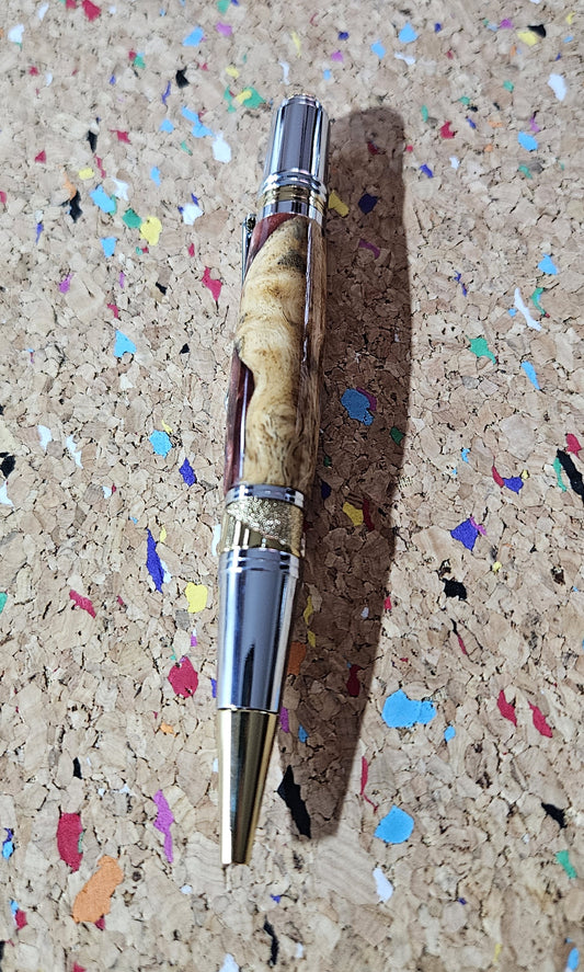 Maple Burl Wooden Pen Hybrid with Mixed Red Resin and Glitter and a Titanium Chrome and Gold Art Deco Pen Kit