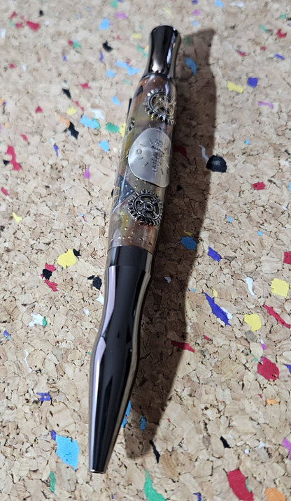 Steampunk Clock Face Pen - Unique Roller Clip with Clock Gears & Metal Pieces - Black Titanium Pen Kit