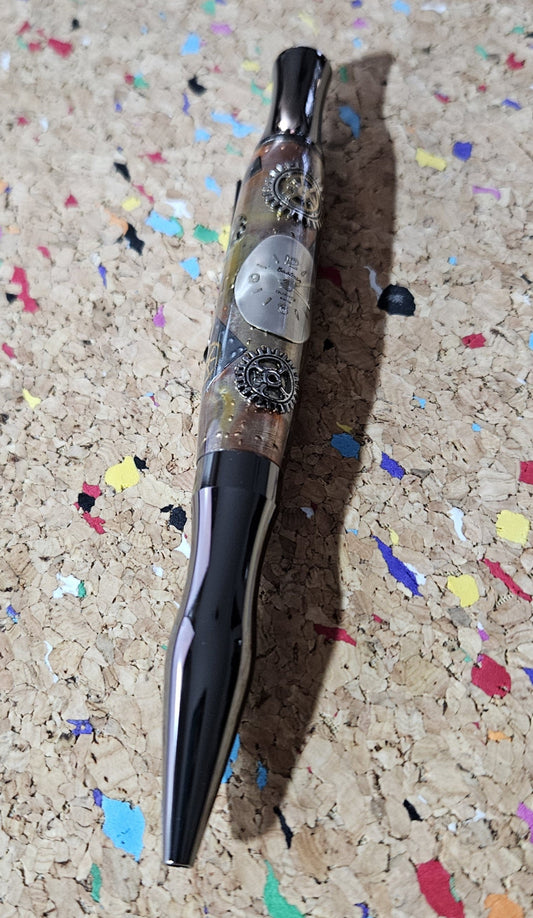 Steampunk Clock Face Pen - Unique Roller Clip with Clock Gears & Metal Pieces - Black Titanium Pen Kit