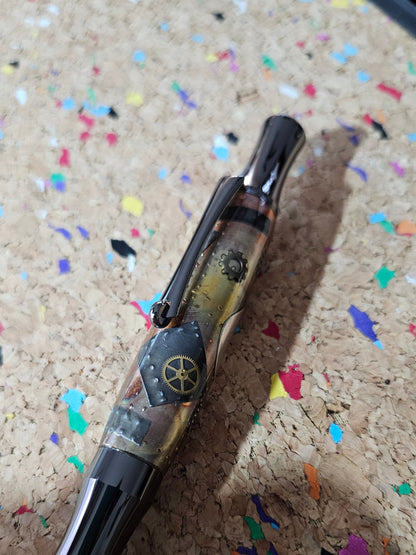Steampunk Clock Face Pen - Unique Roller Clip with Clock Gears & Metal Pieces - Black Titanium Pen Kit