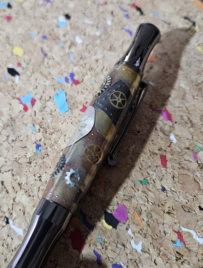 Steampunk Clock Face Pen - Unique Roller Clip with Clock Gears & Metal Pieces - Black Titanium Pen Kit