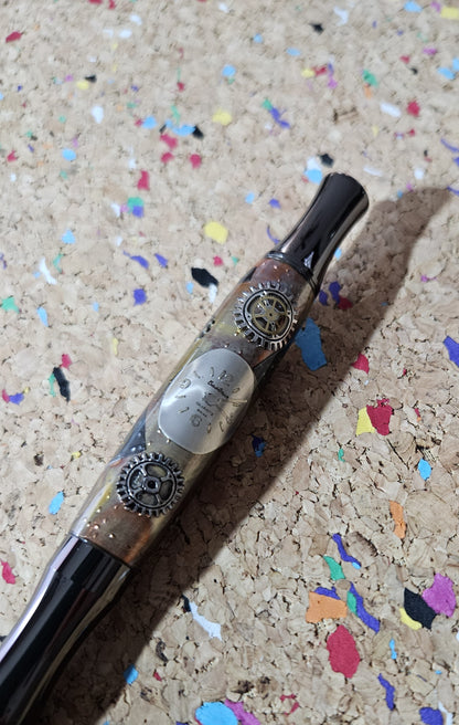 Steampunk Clock Face Pen - Unique Roller Clip with Clock Gears & Metal Pieces - Black Titanium Pen Kit