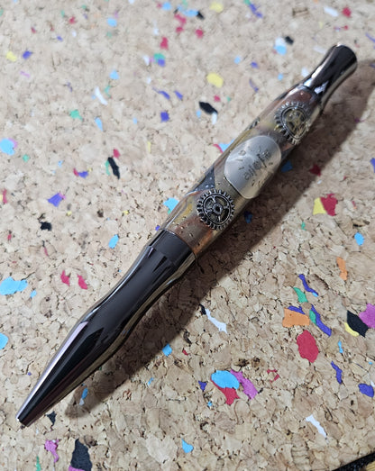 Steampunk Clock Face Pen - Unique Roller Clip with Clock Gears & Metal Pieces - Black Titanium Pen Kit