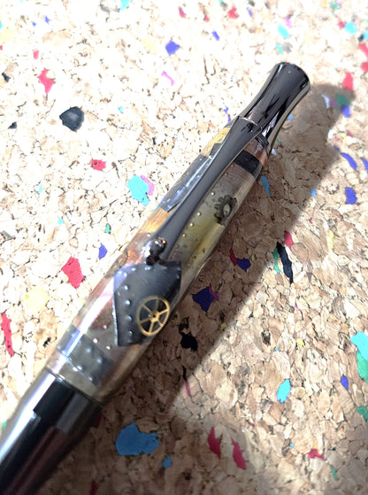 Steampunk Clock Face Pen - Unique Roller Clip with Clock Gears & Metal Pieces - Black Titanium Pen Kit