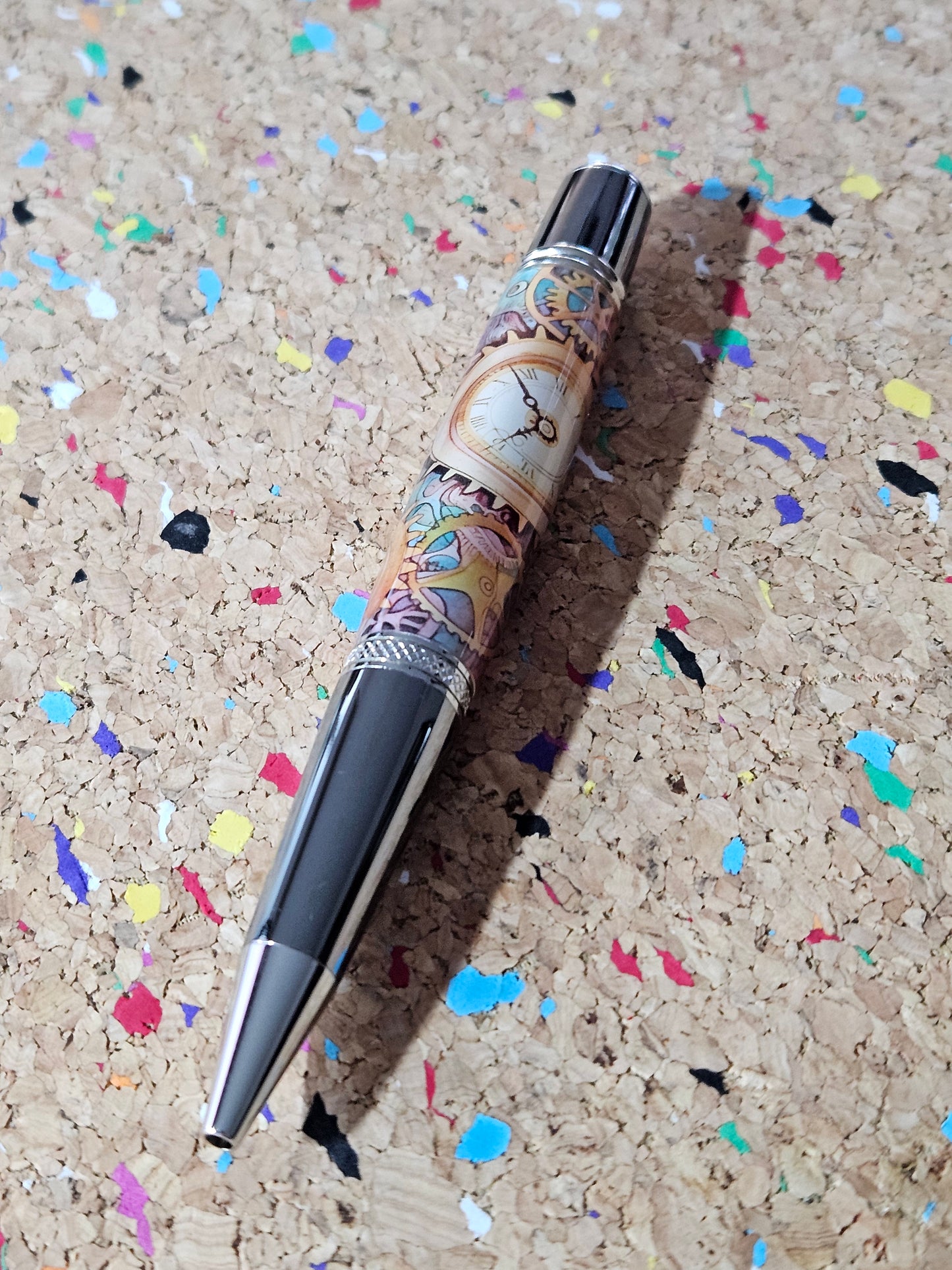 Colorful Steampunk Style Clock Face Label Cast Pen - Gunmetal Pen Kit with Chrome Accents