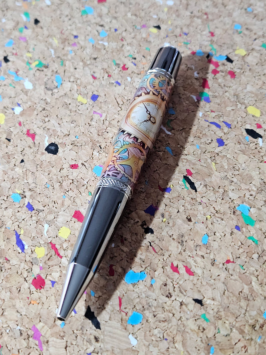 Colorful Steampunk Style Clock Face Label Cast Pen - Gunmetal Pen Kit with Chrome Accents