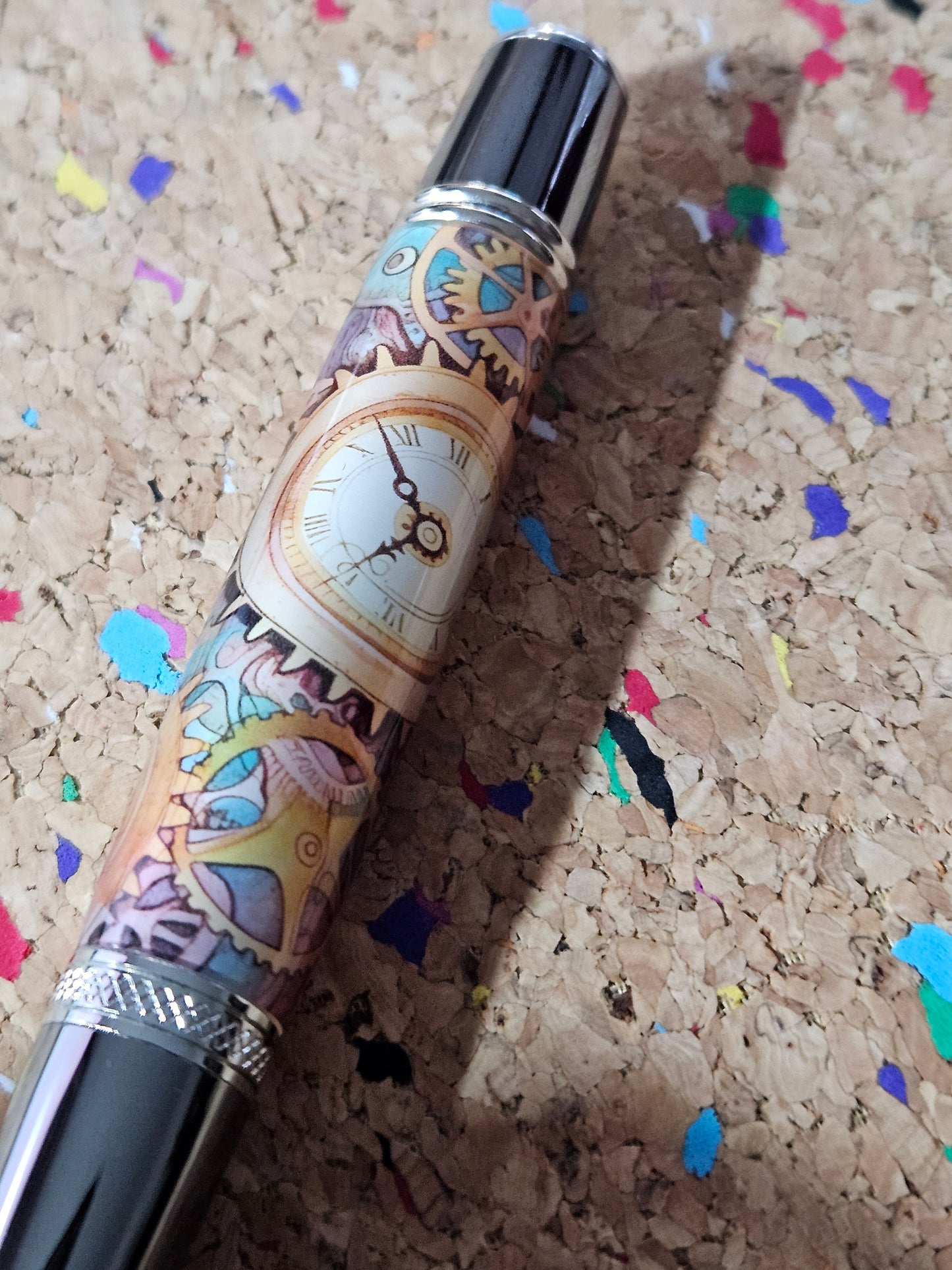 Colorful Steampunk Style Clock Face Label Cast Pen - Gunmetal Pen Kit with Chrome Accents