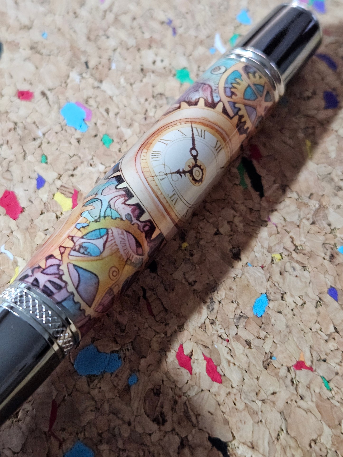 Colorful Steampunk Style Clock Face Label Cast Pen - Gunmetal Pen Kit with Chrome Accents
