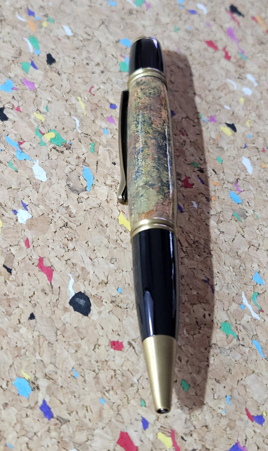 Gold and Copper Leaf Pen - Cast in Clear Resin with a Black Background & Antique Brass Accents and a Black Metal Powder Coated Pen Kit