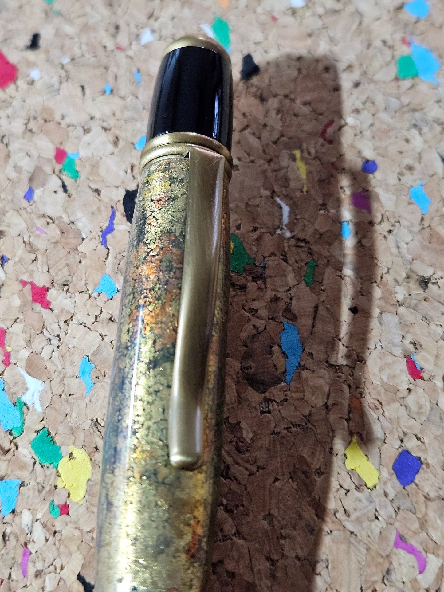 Gold and Copper Leaf Pen - Cast in Clear Resin with a Black Background & Antique Brass Accents and a Black Metal Powder Coated Pen Kit