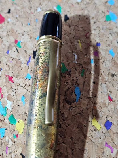 Gold and Copper Leaf Pen - Cast in Clear Resin with a Black Background & Antique Brass Accents and a Black Metal Powder Coated Pen Kit