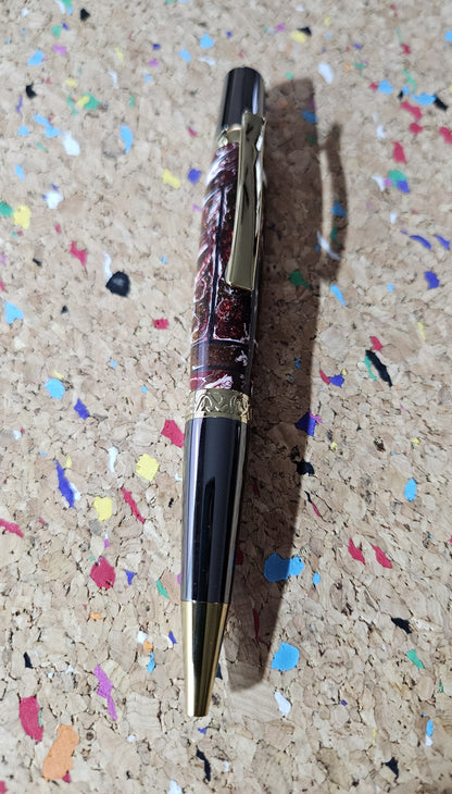Red and White Swirled Resin Pen "Gisi Style" Flat Top with Gunmetal and Gold Accents Pen Kit