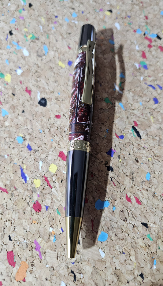 Red and White Swirled Resin Pen "Gisi Style" Flat Top with Gunmetal and Gold Accents Pen Kit