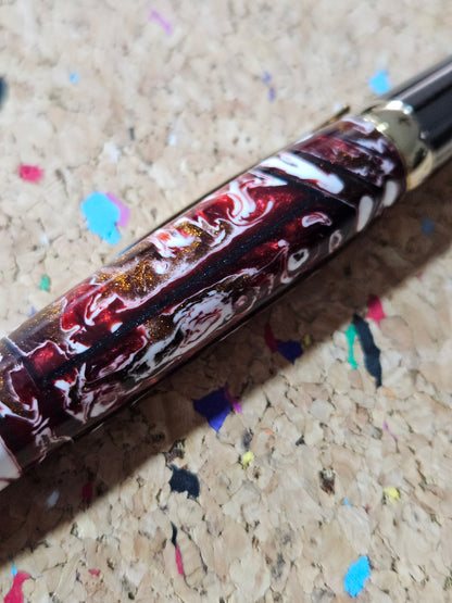Red and White Swirled Resin Pen "Gisi Style" Flat Top with Gunmetal and Gold Accents Pen Kit