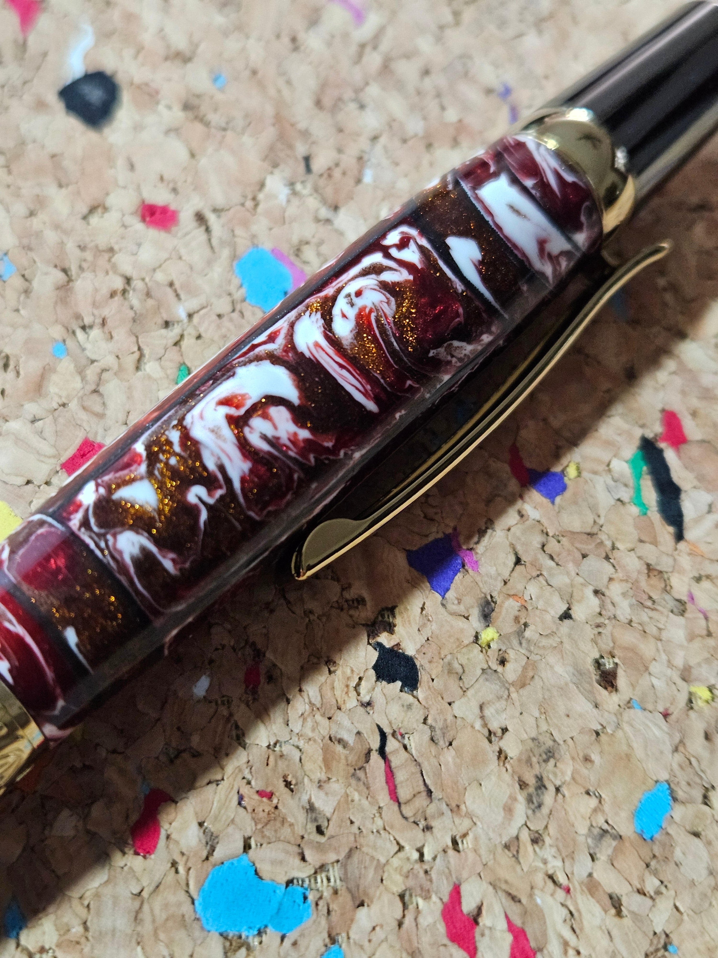 Red and White Swirled Resin Pen "Gisi Style" Flat Top with Gunmetal and Gold Accents Pen Kit