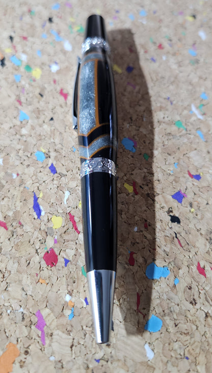 Glittery Silver and Grey Swirled Resin with Rustic Orange Chevrons "Gisi Style" a Black Body and Chrome with Black Accents Pen Kit