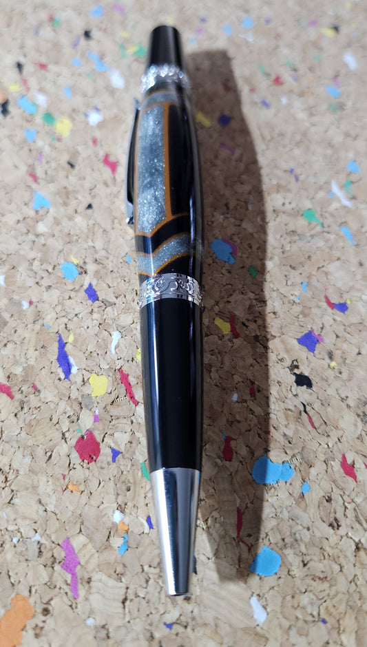 Glittery Silver and Grey Swirled Resin with Rustic Orange Chevrons "Gisi Style" a Black Body and Chrome with Black Accents Pen Kit
