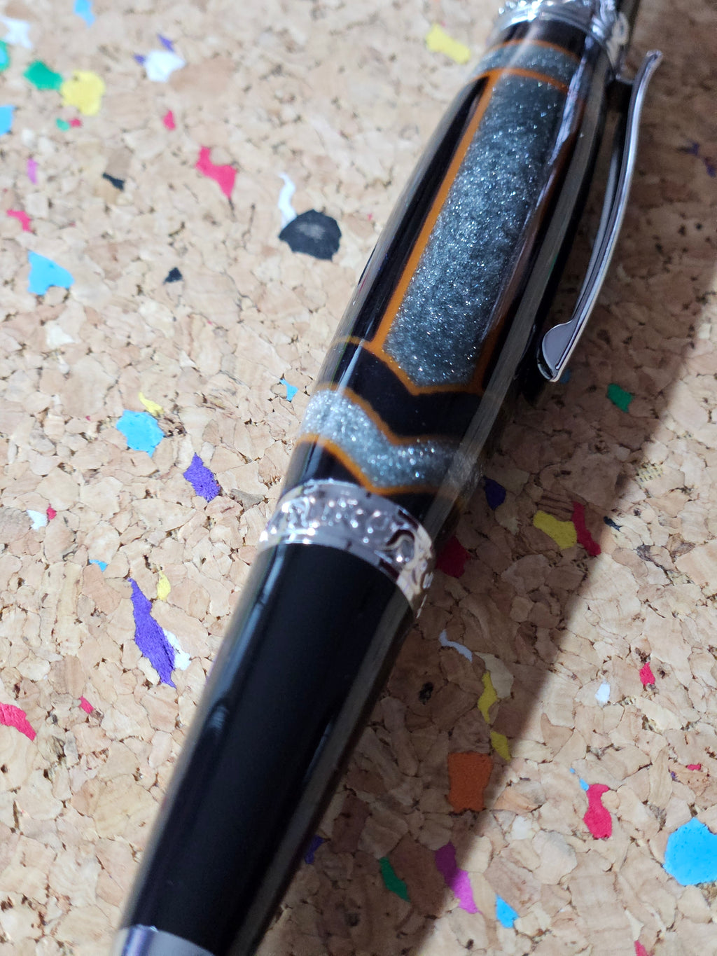 Glittery Silver and Grey Swirled Resin with Rustic Orange Chevrons "Gisi Style" a Black Body and Chrome with Black Accents Pen Kit