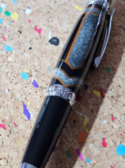 Glittery Silver and Grey Swirled Resin with Rustic Orange Chevrons "Gisi Style" a Black Body and Chrome with Black Accents Pen Kit