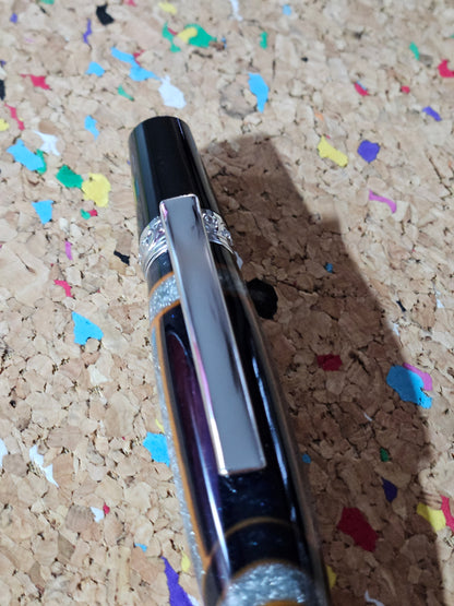 Glittery Silver and Grey Swirled Resin with Rustic Orange Chevrons "Gisi Style" a Black Body and Chrome with Black Accents Pen Kit