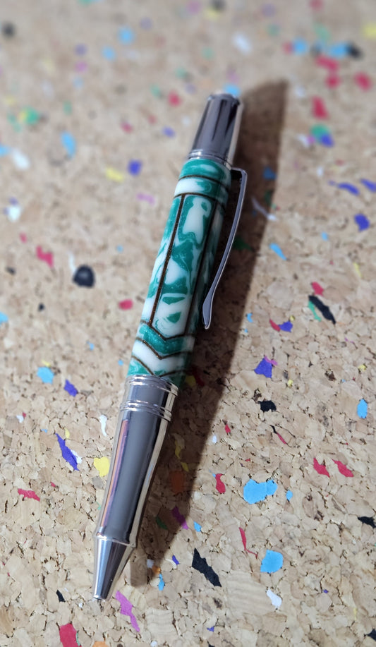 Green and White Swirled Resin with Gold Chevrons "Gisi Style"  with a Liberty Flat Top Stainless Steel Pen Kit