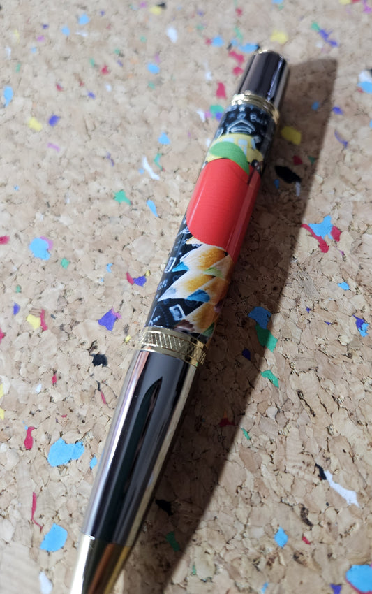 Teacher Celebration Pen Adorned with a Red Apple Label Cast and a Sleek Gunmetal with Gold Accents Pen Kit
