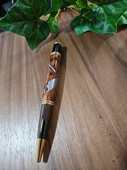 Woodworker Inlay Pen with Koa (Hawaiian Wood) and Black Chrome with Gold Accents