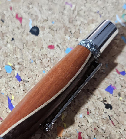 Walnut and Padauk Wooden Pen with a Stripe of Maple and an Elegant Sierra Chrome and Gunmetal Pen Kit with a Zirconium Gem on the Clip