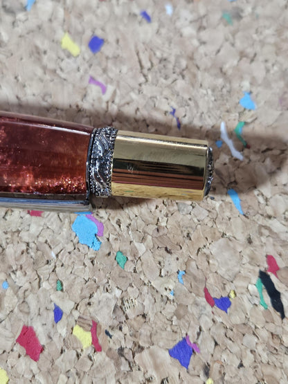 Red Swirled Resin Pen with Glitter and a Majestic Squire Inspired Gold Titanium and Rhodium Pen Kit with a Zirconium Gem on the Clip