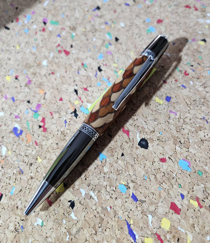 Cobb Brothers Scalloped Wooden Inlay Pen using Padauk, Mahogany, Maple, and Walnut Woods  and Adorned with a Gunmetal and Chrome Pen Kit