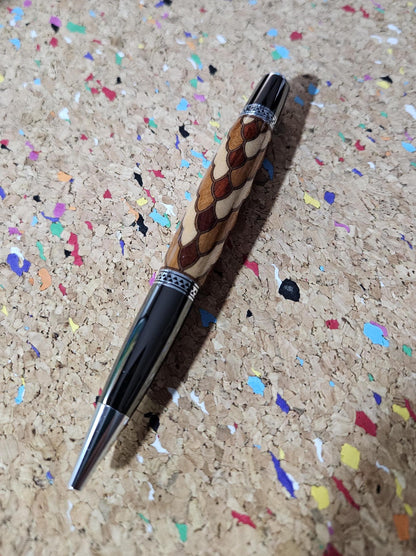Cobb Brothers Scalloped Wooden Inlay Pen using Padauk, Mahogany, Maple, and Walnut Woods  and Adorned with a Gunmetal and Chrome Pen Kit
