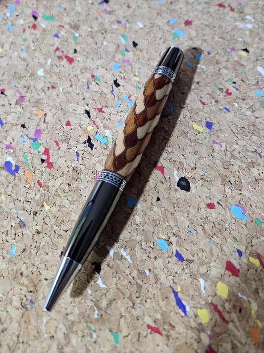 Cobb Brothers Scalloped Wooden Inlay Pen using Padauk, Mahogany, Maple, and Walnut Woods  and Adorned with a Gunmetal and Chrome Pen Kit