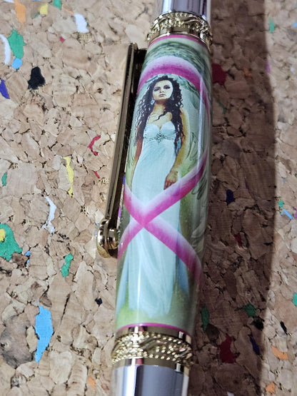 Breast Cancer Awareness Angel Label Cast Pen with Chrome and Gold Accents and a Zirconium Gem in the Clip