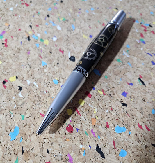 Authentic Clock Gears Pen | Black Background with Chrome & Gunmetal Kit