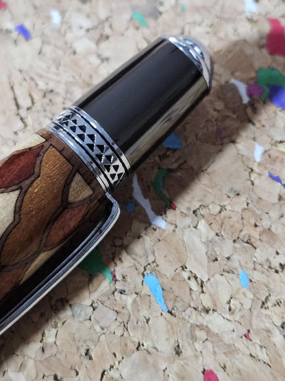 Cobb Brothers Scalloped Wooden Inlay Pen using Padauk, Mahogany, Maple, and Walnut Woods  and Adorned with a Gunmetal and Chrome Pen Kit